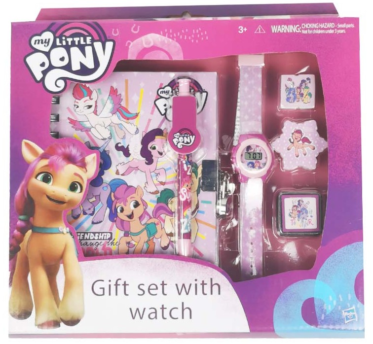 Подаръчен Комплект Моето Малко Пони, My Little Pony с Таен Дневник с Катинарче, Печати, Мастилница, Гума, Острилка, Химикал с Клипс и Часовник 22х26х5 см